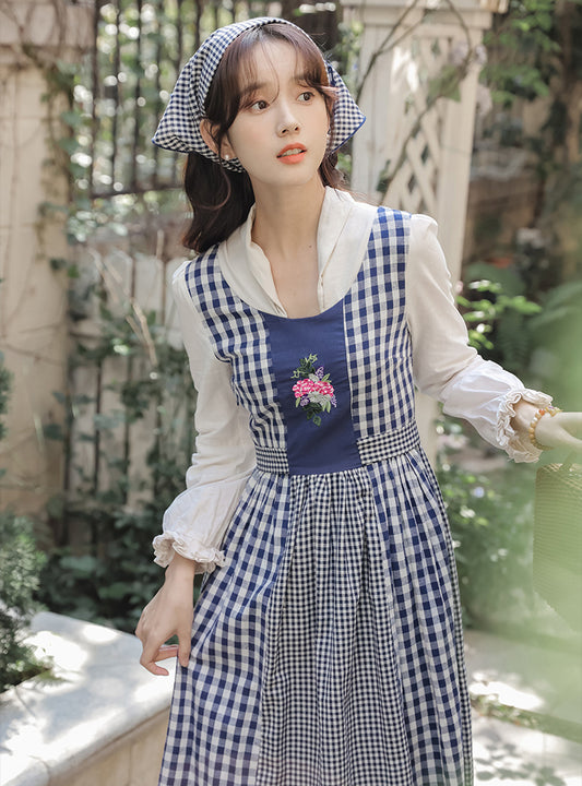 Gingham Pastures Twofer Midi Dress (Blue/White)