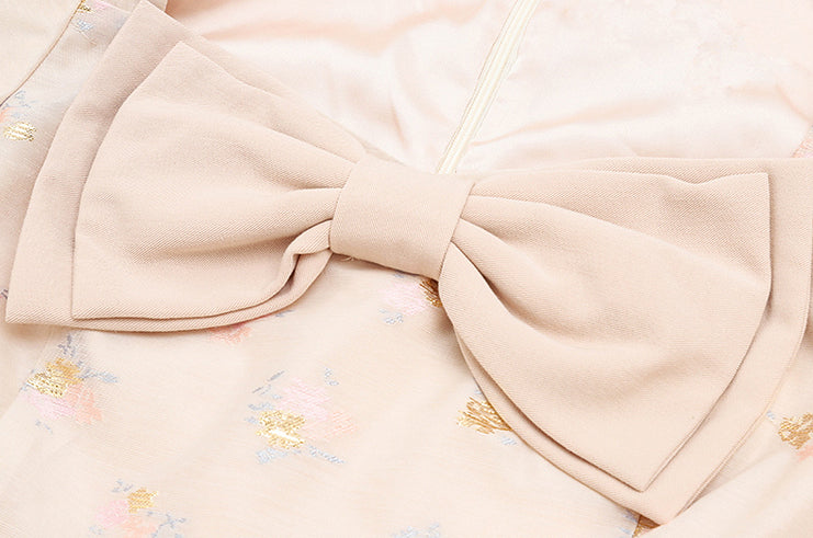 Puff Sleeve Bow Floral Jacquard Dress (Beige)