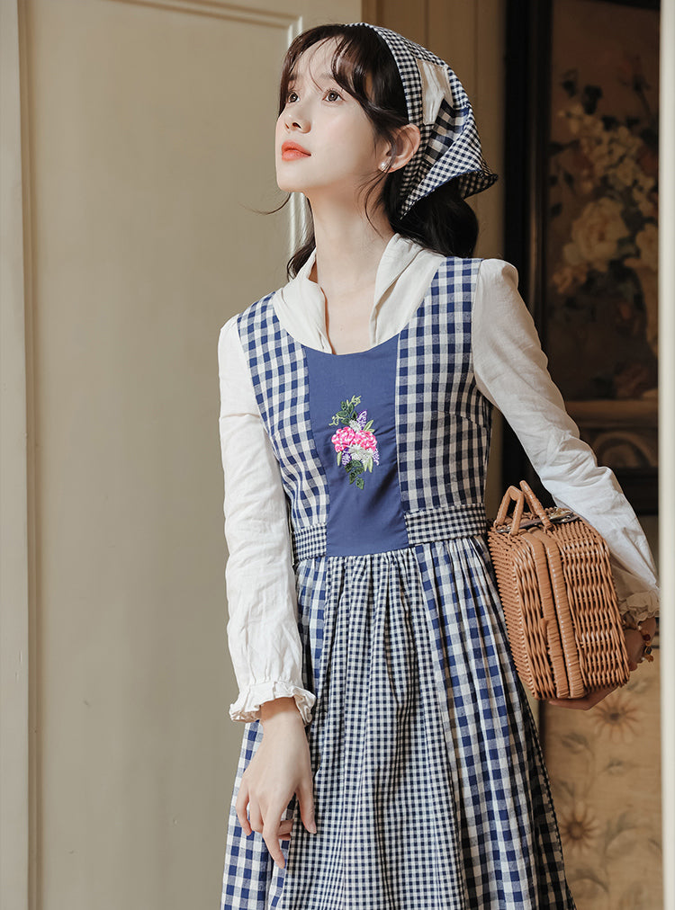 Gingham Pastures Twofer Midi Dress (Blue/White)
