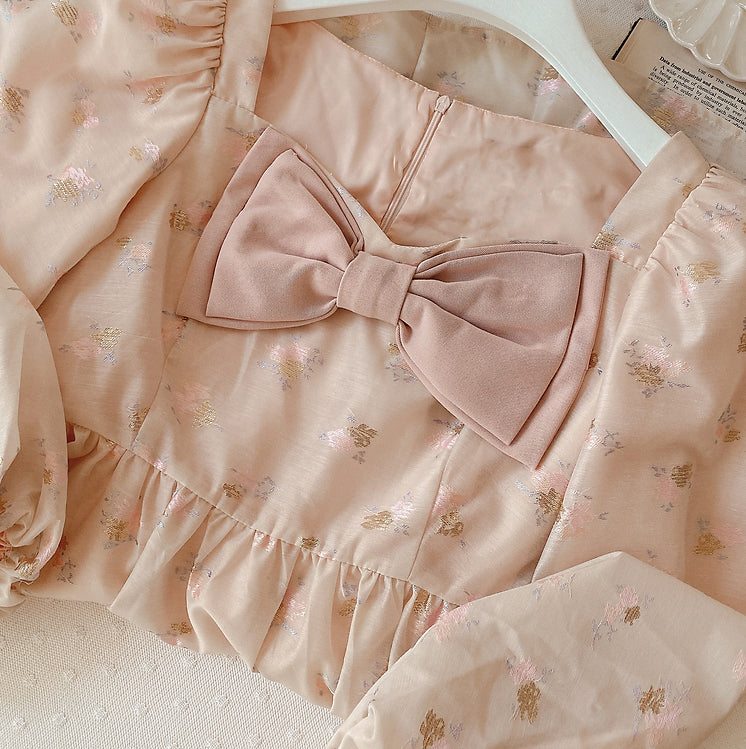 Puff Sleeve Bow Floral Jacquard Dress (Beige)