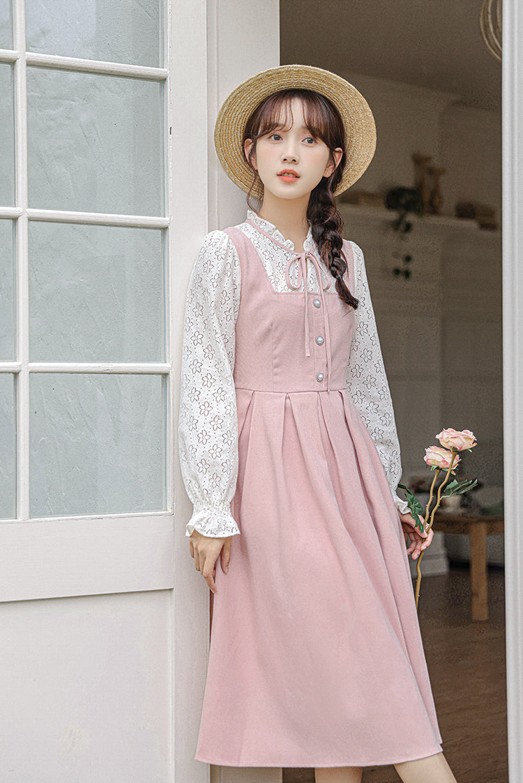 Floral Lace Twofer Midi Dress (Pink/White)