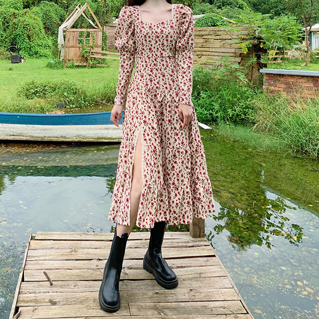 Sweet Floral Corduroy Midi Dress (Cream/Pink)