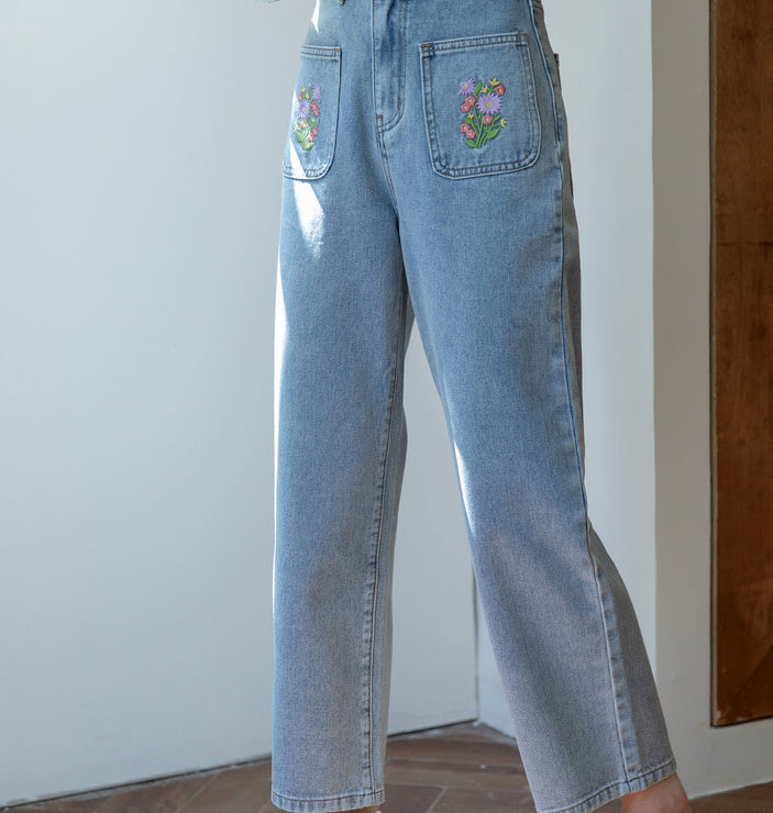 Embroidered Floral Pocket Jeans (Light Denim)