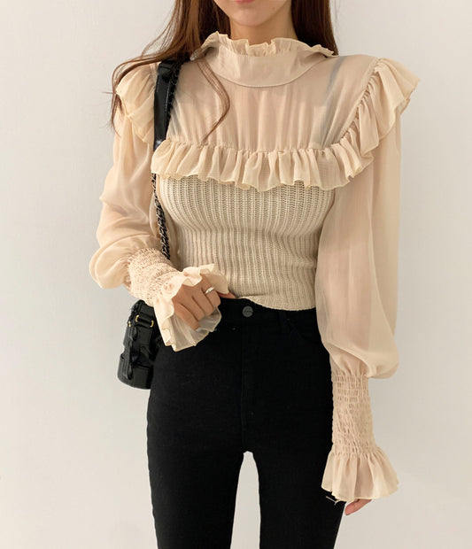 Ruffle High Neck Mixed Shirt (2 Colors)