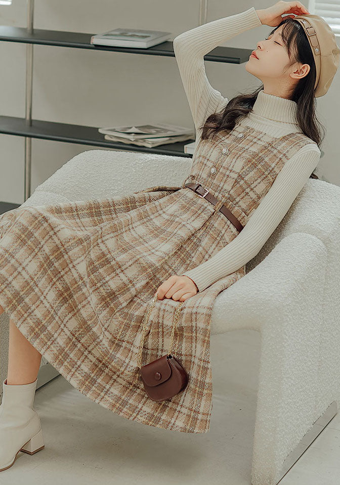 Latte Plaid Pinafore Dress (Khaki)