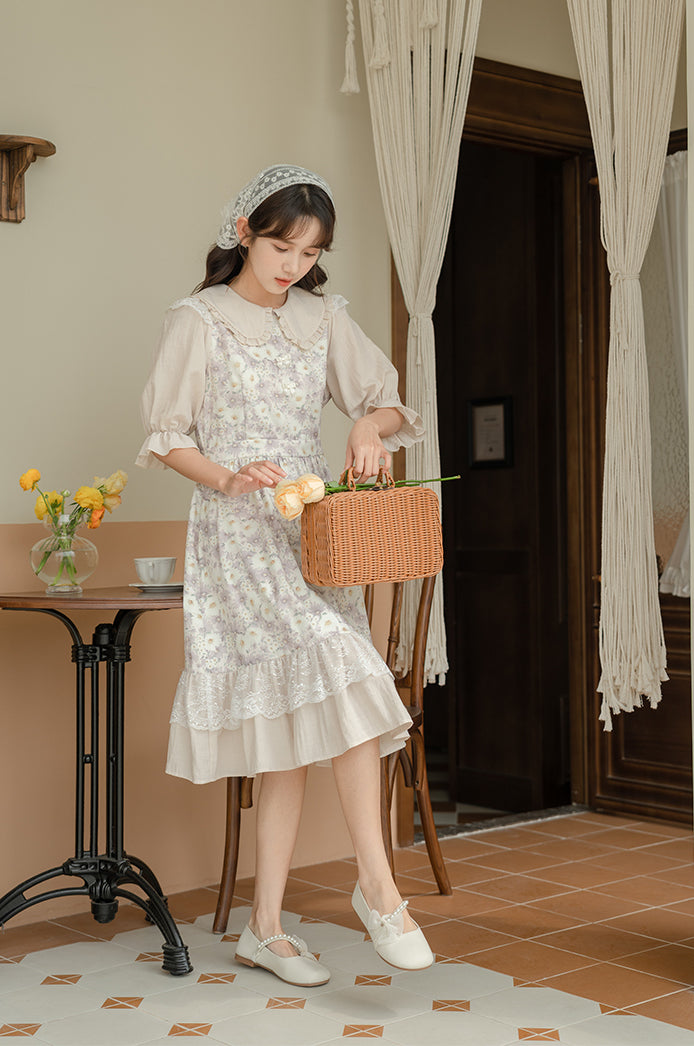 Daisy Maiden Midi Dress (Beige/Lilac)