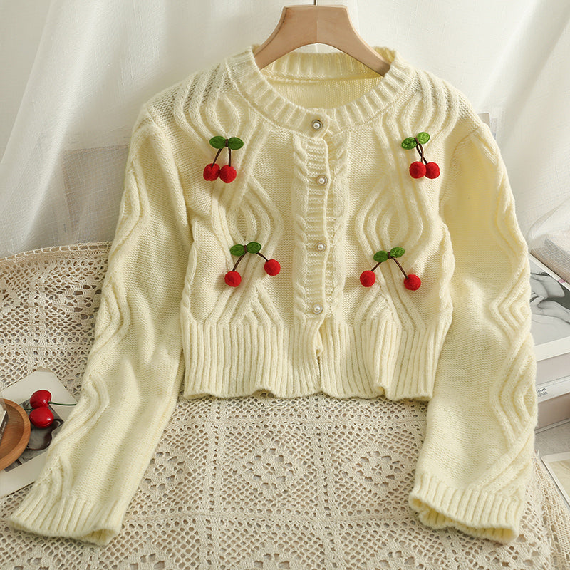 Cherry Pom Pom Cropped Cardigan (4 Colors)