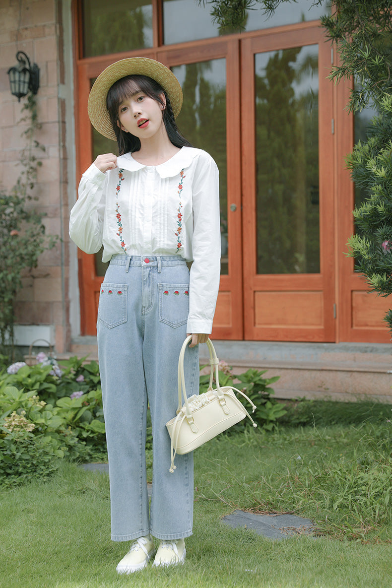 Embroidered Rose Pocket Jeans (Light Denim)