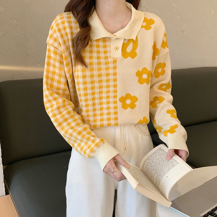 Gingham Daisy Polo Sweater (2 Colors)