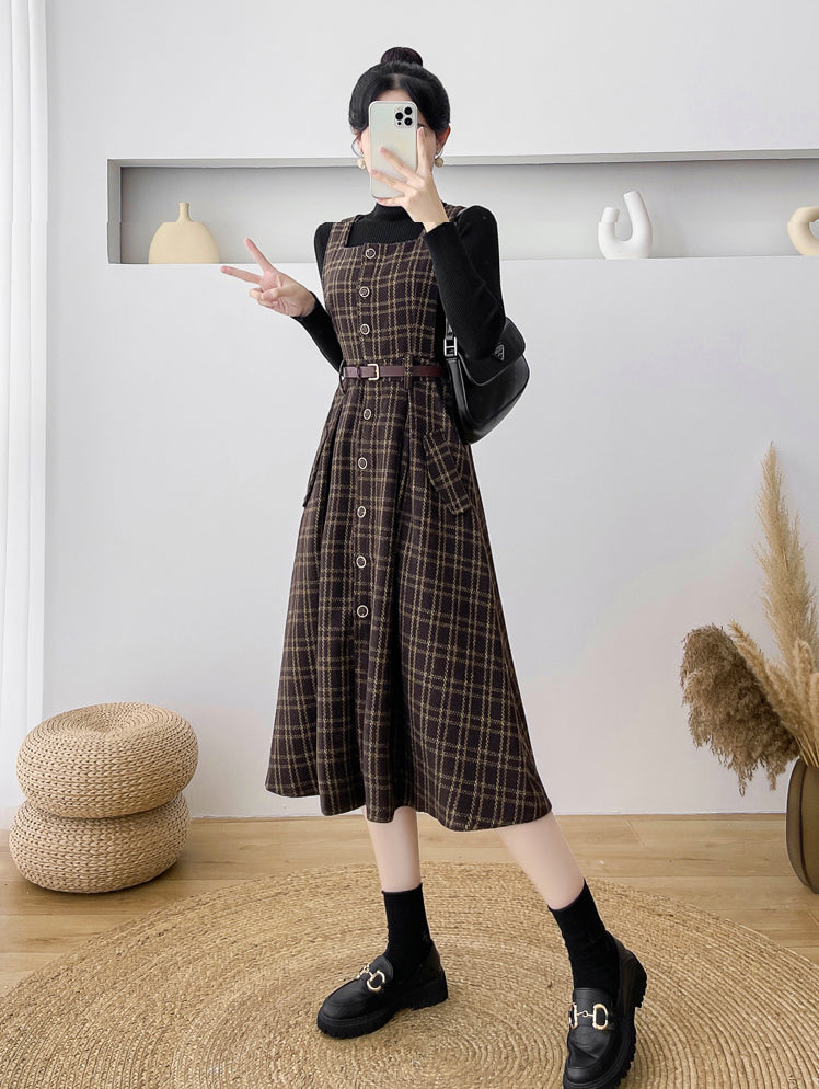 Button Up Plaid Pinafore Dress (2 Colors)