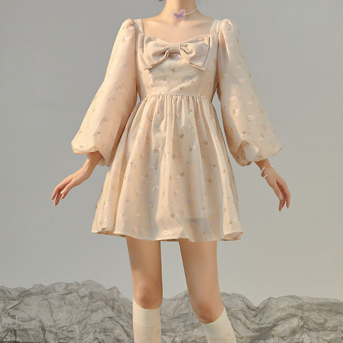 Puff Sleeve Bow Floral Jacquard Dress (Beige)