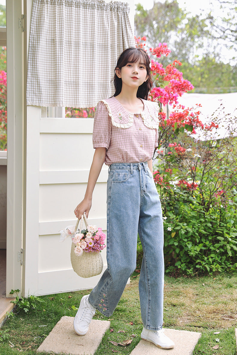 Cottage Flower Plaid Blouse (Pink)