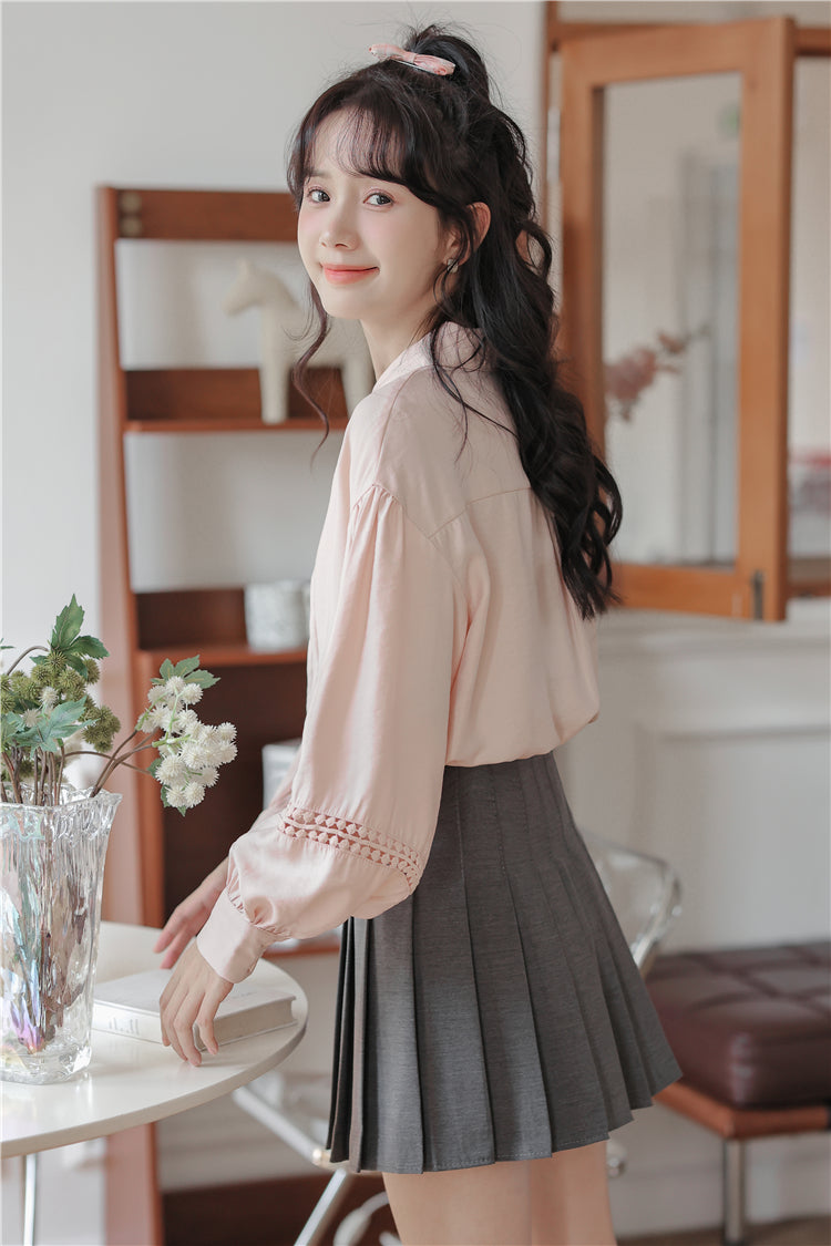 Pintuck Puff Sleeve Blouse (Pink)