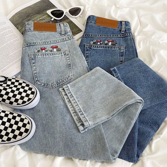 Mushroom Embroidered Mom Jeans (2 Colors)