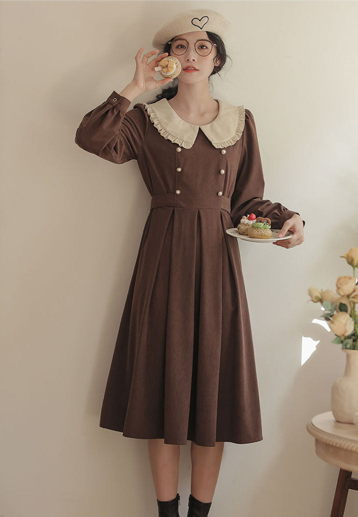 Corduroy Suede Peter Pan Midi Dress (3 Colors)