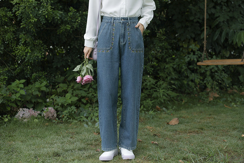 Retro Amethyst Floral Pocket Jeans (Medium Denim)