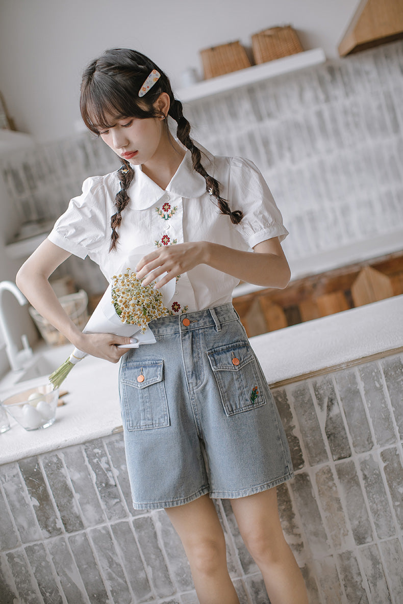 Embroidered Button Pocket Shorts (Light Denim)