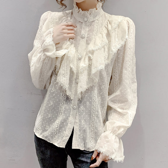 Ruffle Lace High Neck Button Up Shirt (2 Colors)