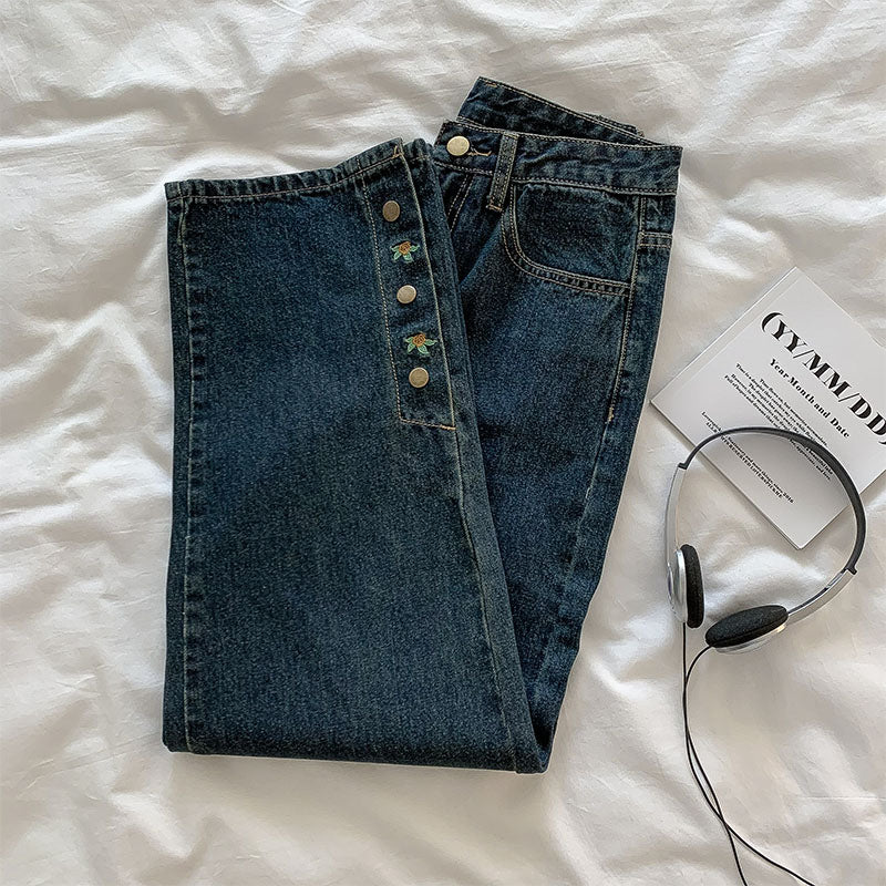 Rose Button Embroidered Jeans (Dark Denim)