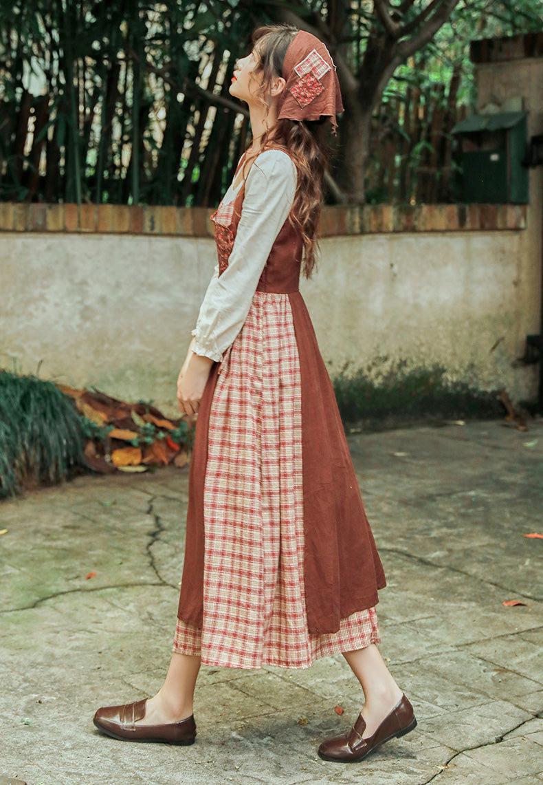 Patchwork Village Dress (Brown/Red)