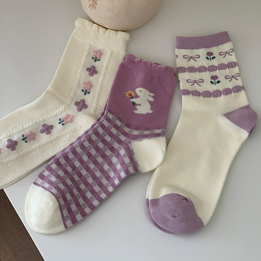 Gingham Rabbit Sock Set (Purple)