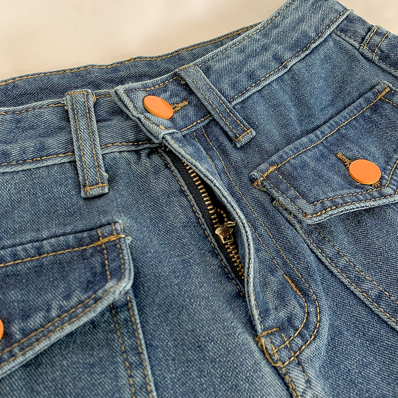 Embroidered Button Pocket Jeans (Medium Denim)