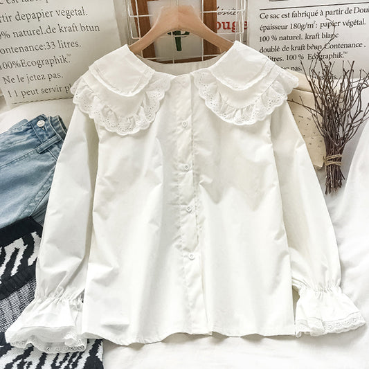 Floral Eyelet Double Peter Pan Button Up Shirt (White)