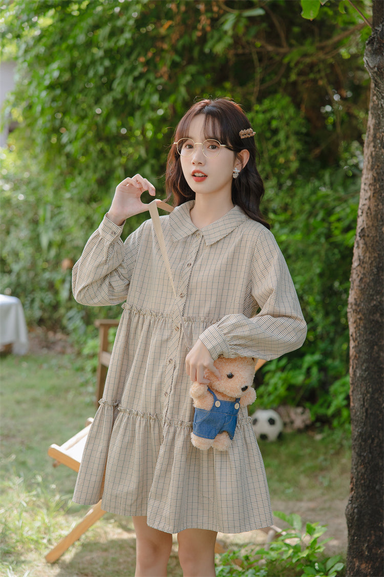 Curiosity Plaid Shirt Dress (Khaki)