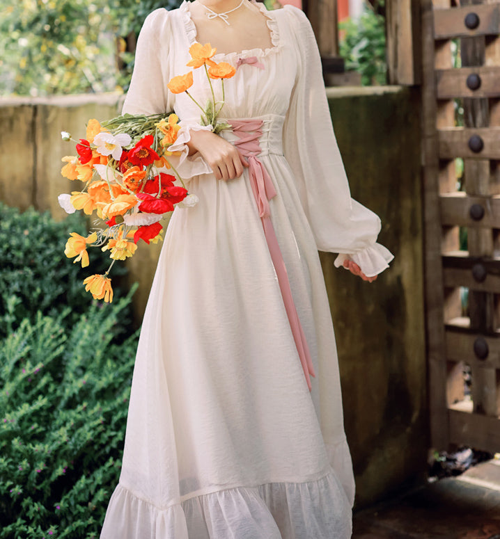 Meadow Corset Midi Dress (White/Pink)