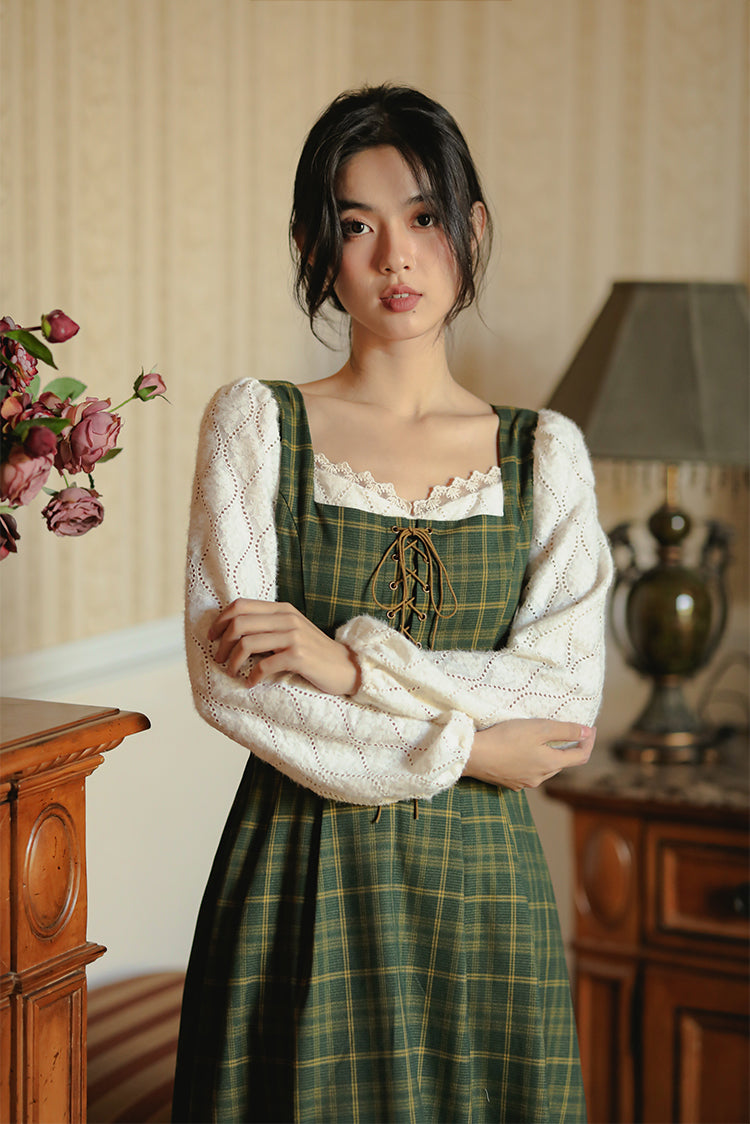Rustic Plaid Lace Up Corset Midi Dress (Green)