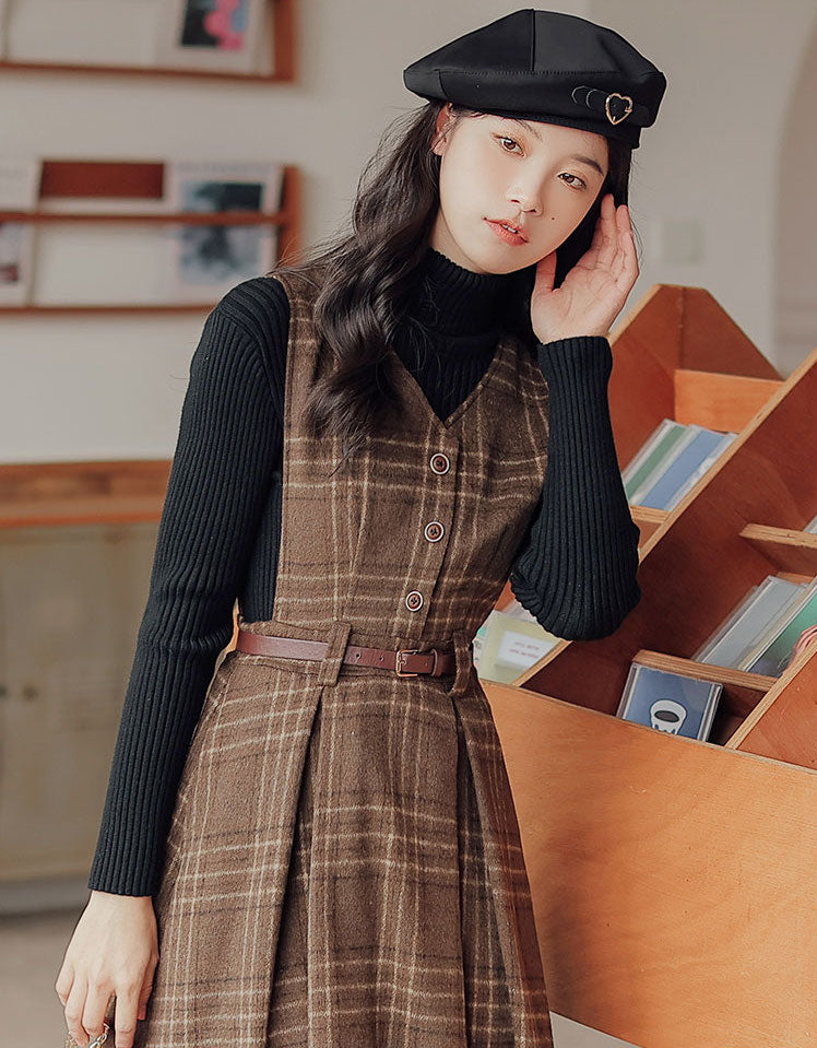 Coffee Plaid Midi Pinafore Dress (Brown)