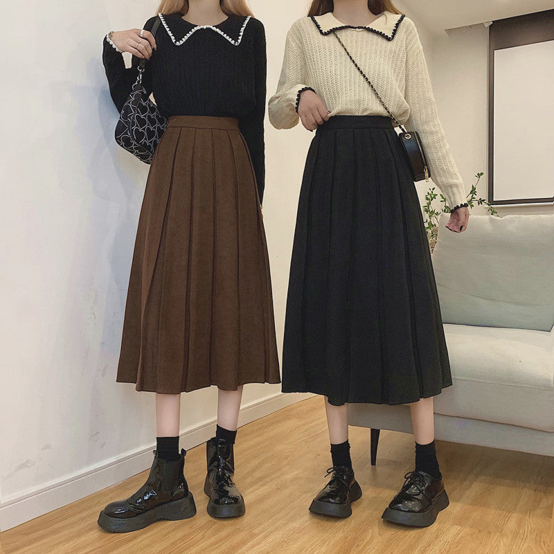 Corduroy Suede Pleated Midi Skirt (6 Colors)