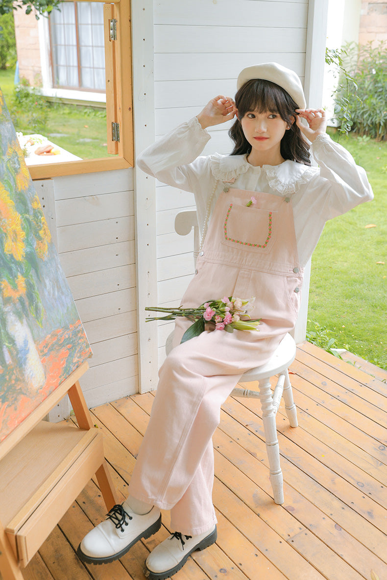 Daisy Chain Embroidered Denim Overalls (Pink)