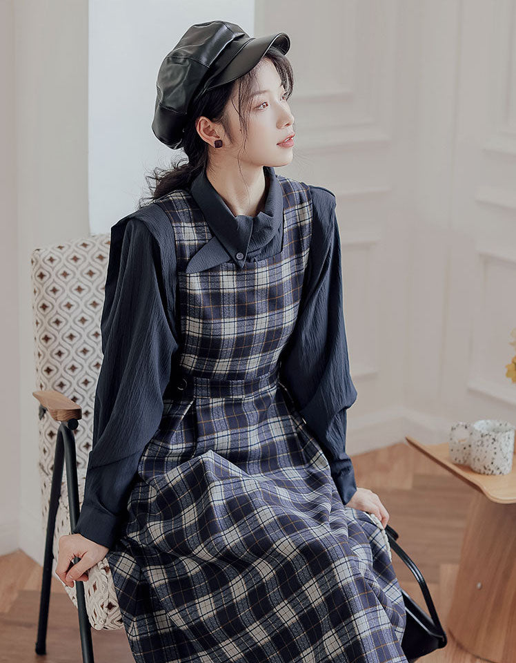 Crepe Plaid Pinafore Dress Set (2 Colors)