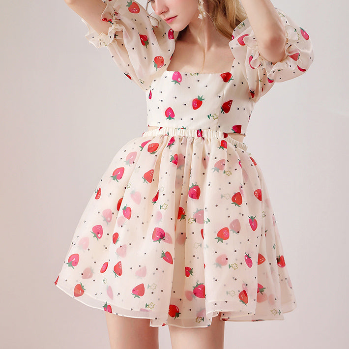 Strawberry Babydoll Puff Sleeve Dress (Cream) No