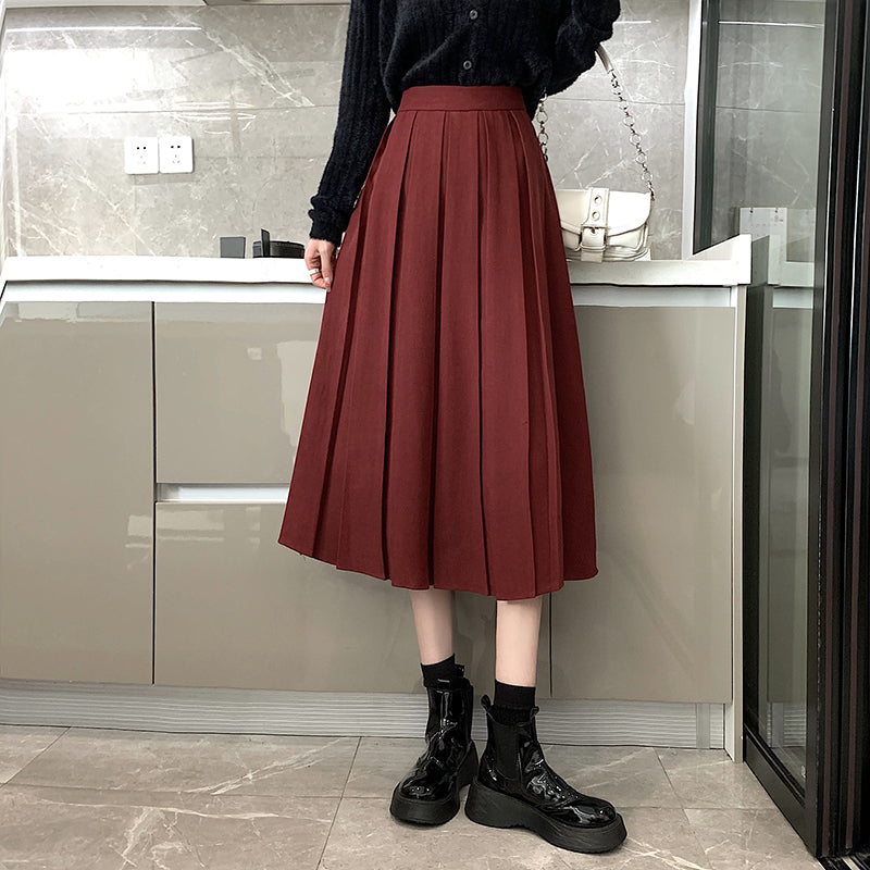 Corduroy Suede Pleated Midi Skirt (6 Colors)