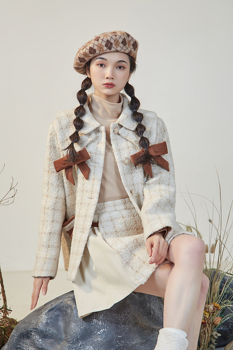 Latte Plaid Tweed Jacket / Skirt (Cream/Brown)