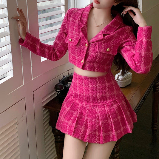 Tweed Plaid Blazer Skirt Set (Hot Pink)