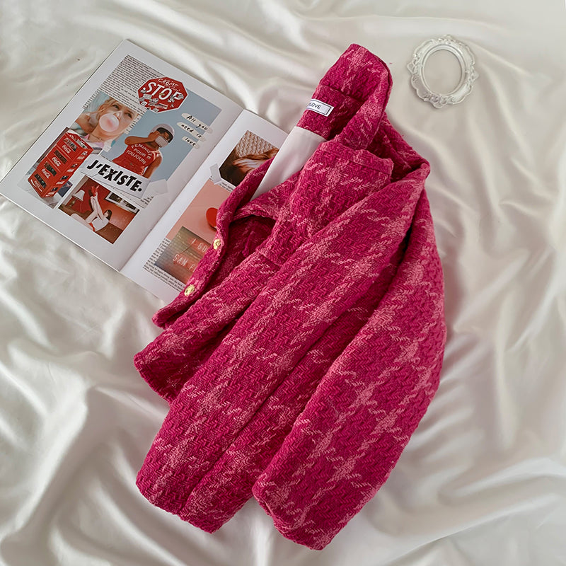 Tweed Plaid Blazer Skirt Set (Hot Pink)