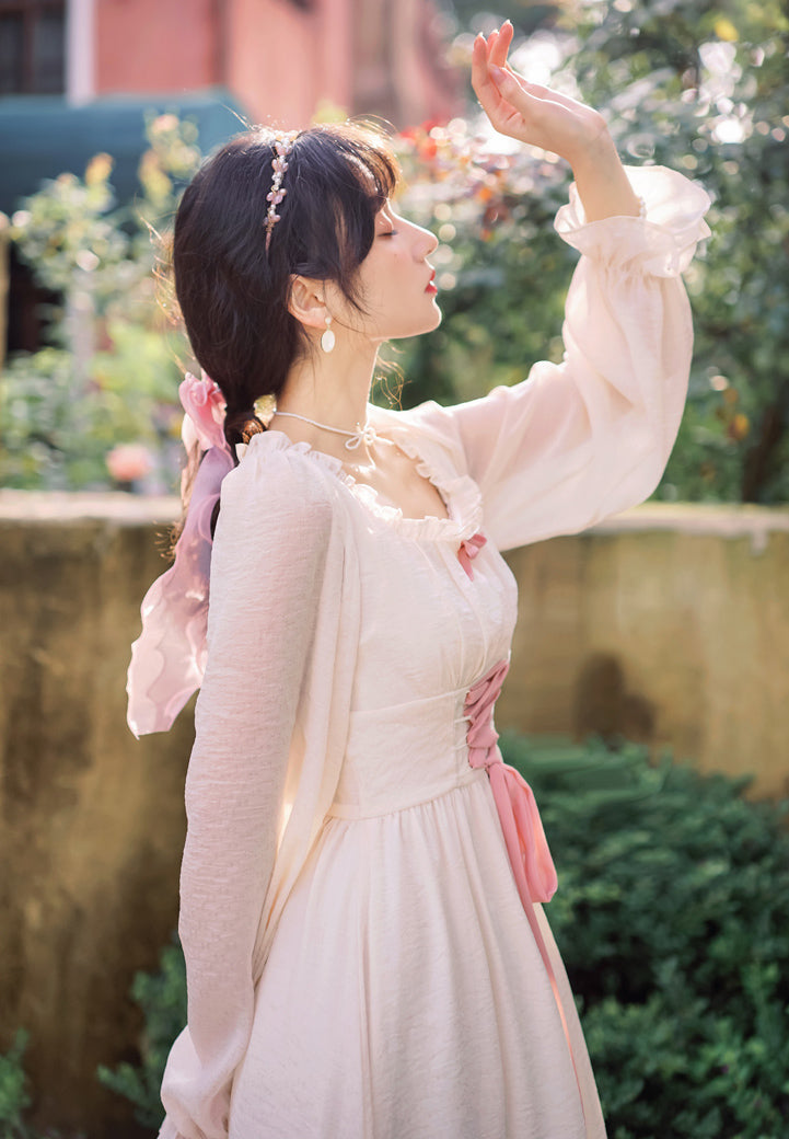 Meadow Corset Midi Dress (White/Pink)