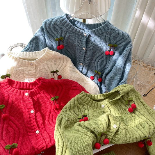 Cherry Pom Pom Cropped Cardigan (4 Colors)