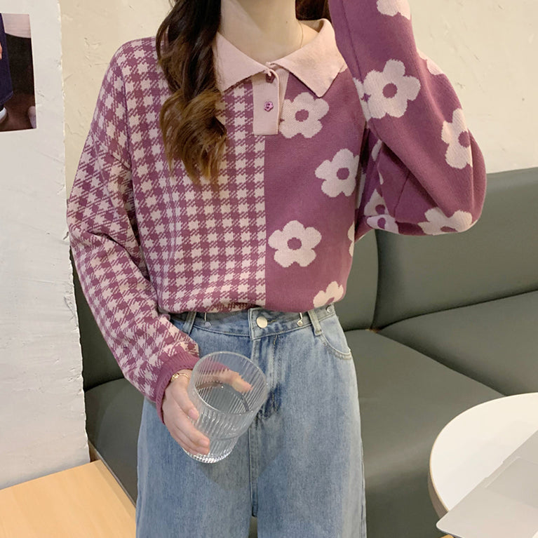 Gingham Daisy Polo Sweater (2 Colors)