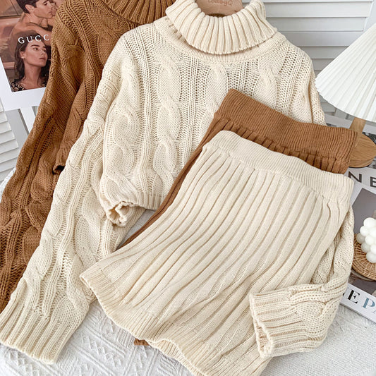 Turtleneck Cable Knit Cropped Sweater & Skirt Knit Set (4 Colors)