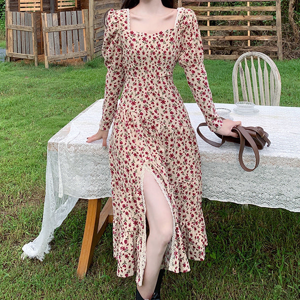 Sweet Floral Corduroy Midi Dress (Cream/Pink)
