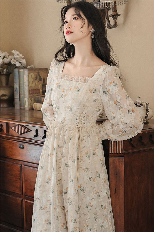 Flower Blossom Lace Up Midi Dress (Cream)