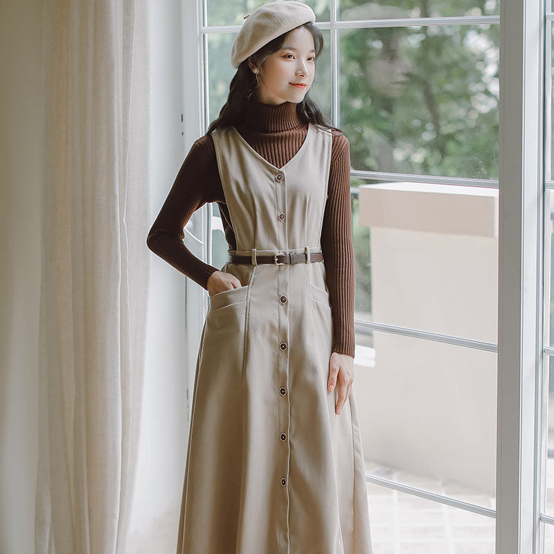 Button Up Suede Pinafore Dress (4 Colors)
