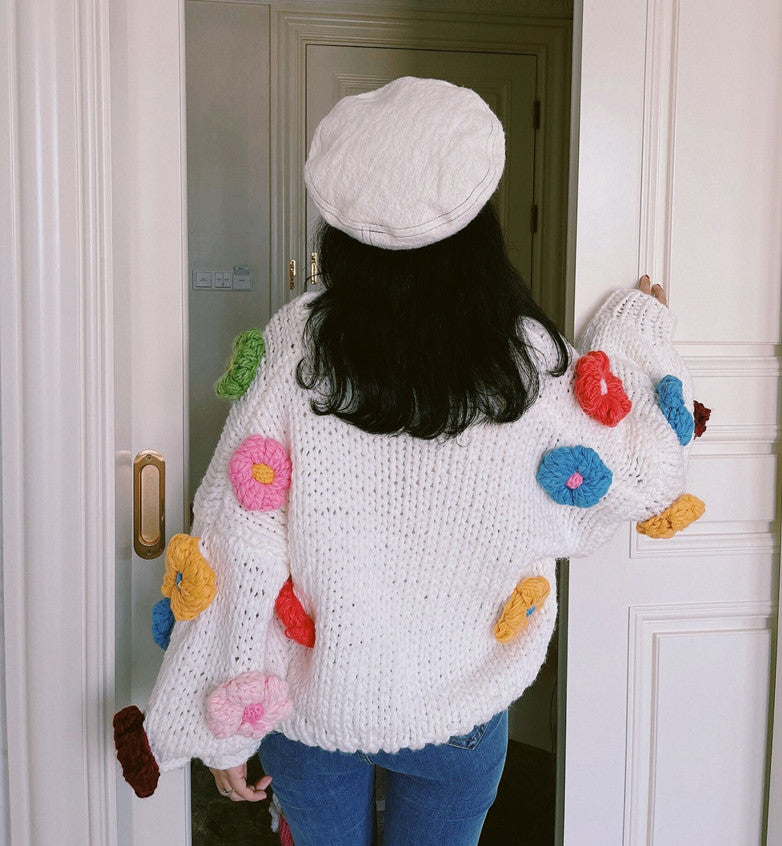 Chunky Daisy Cropped Cardigan (White/Multi)