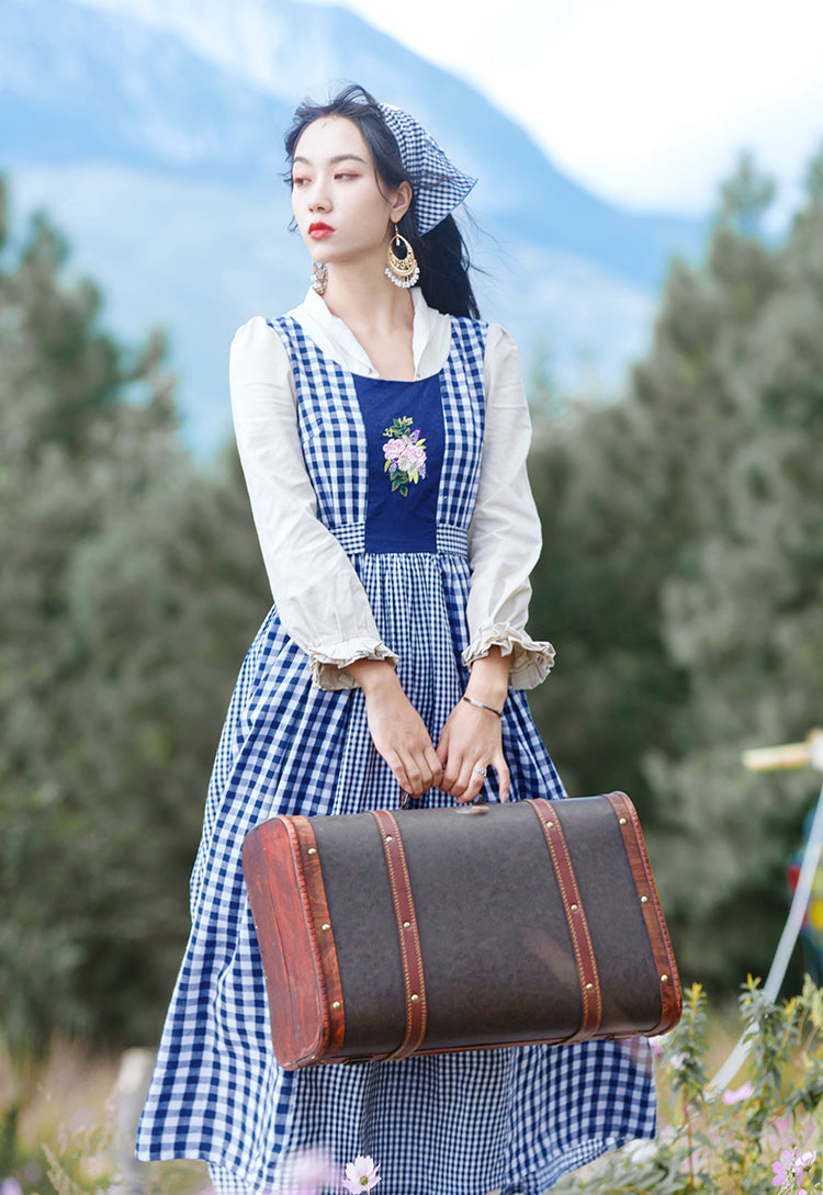 Gingham Pastures Twofer Midi Dress (Blue/White)
