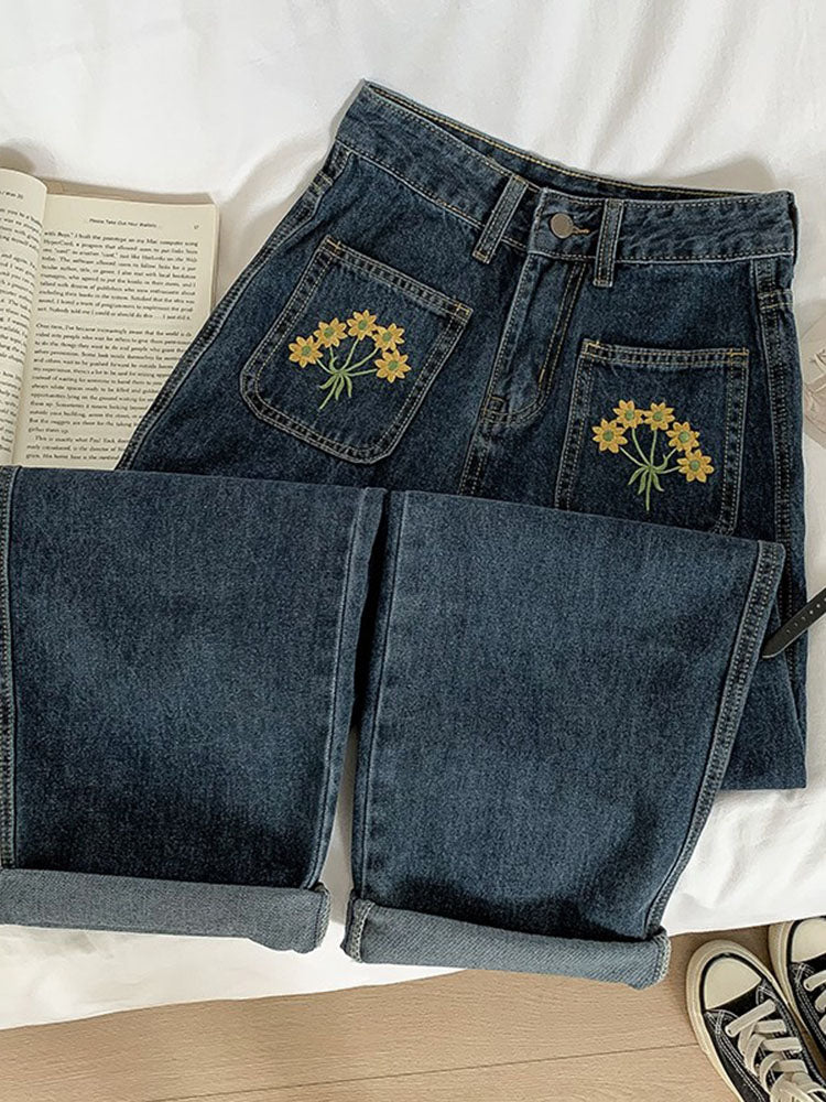 Embroidered Sunflower Pocket Jeans (2 Colors)