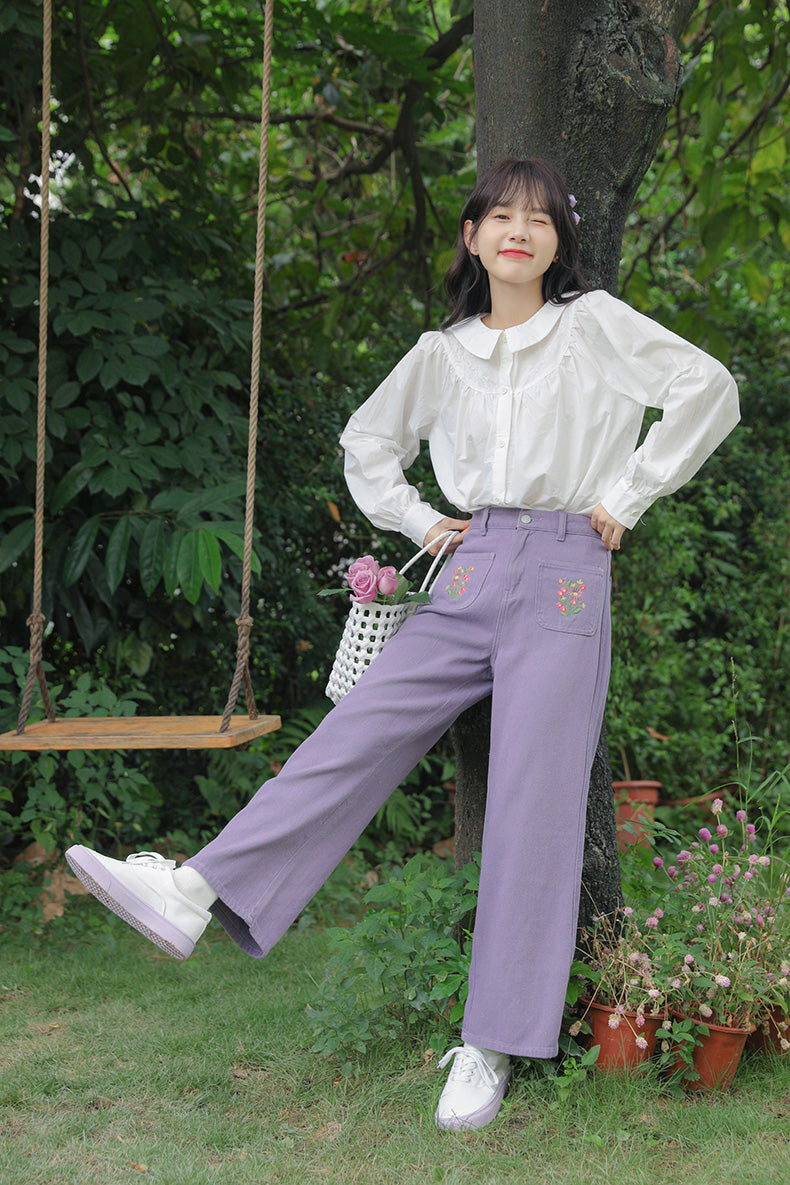 Embroidered Floral Pocket Jeans (Purple)